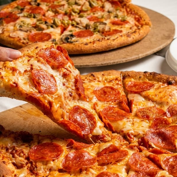 Hand lifting a slice of pepperoni pizza from a whole pizza, with another pizza in the background.