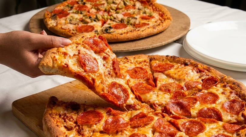 Hand lifting a slice of pepperoni pizza from a whole pizza, with another pizza in the background.