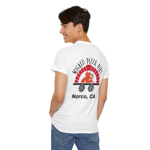 Man in white t-shirt with "Wicked Pizza Pies" logo featuring a devil in a pizza oven.