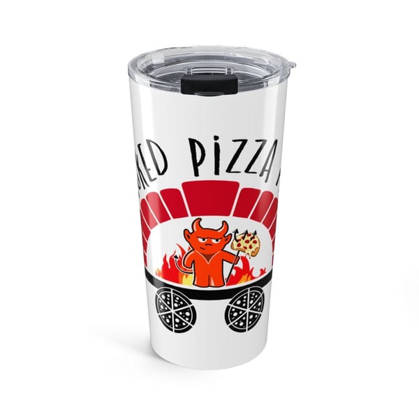 White tumbler with a red devil holding pizza over flames, and "RED PIZZA" text.