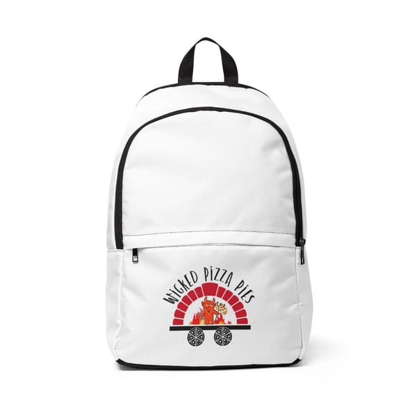 White backpack with a "Wicked Pizza Pies" logo featuring a devil and pizza in a brick oven.