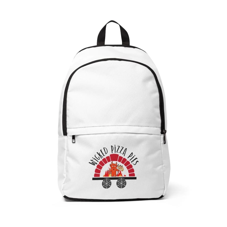 White backpack with a "Wicked Pizza Pies" logo featuring a devil and pizza in a brick oven.