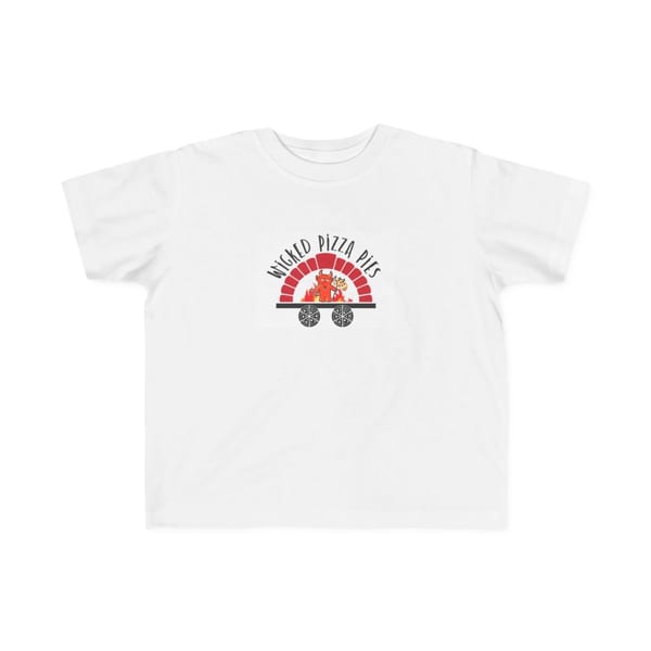 White t-shirt featuring a "Wicked Pizza Pies" logo with a devil in a wheeled pizza oven.