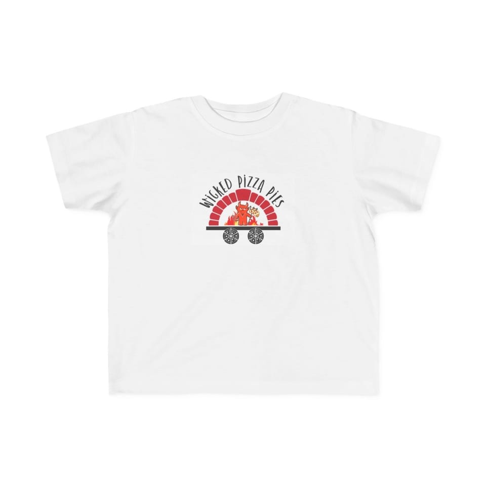 White t-shirt featuring a "Wicked Pizza Pies" logo with a devil in a wheeled pizza oven.
