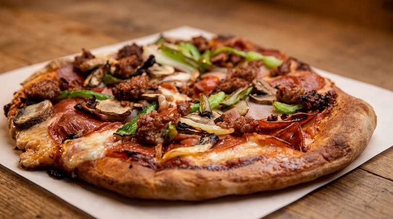 Delicious pizza with pepperoni, sausage, mushrooms, and green peppers on a wooden table.
