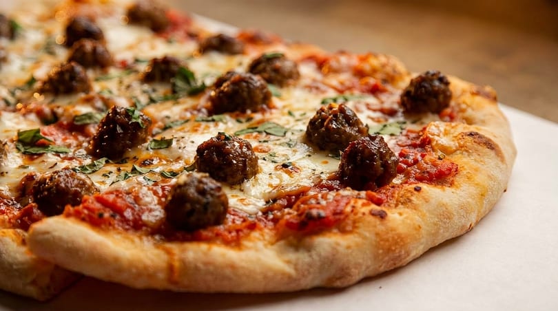 Close-up of a meatball pizza with melted mozzarella, red sauce, and fresh basil on a white surface.