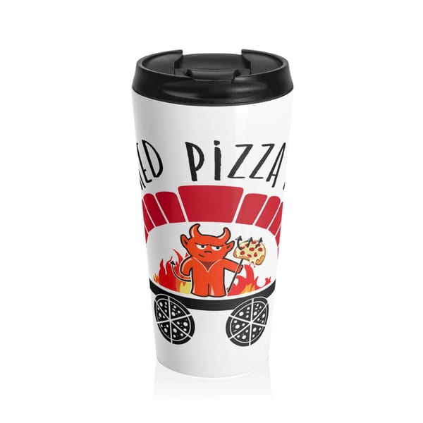 White travel mug with a devil holding a pizza slice, surrounded by flames and text "HELL YEAH PIZZA".
